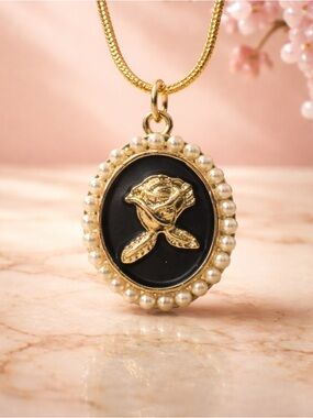 18k Gold plated chain, Pearl-Trim Rose Pendant Necklace - Women Jewelry